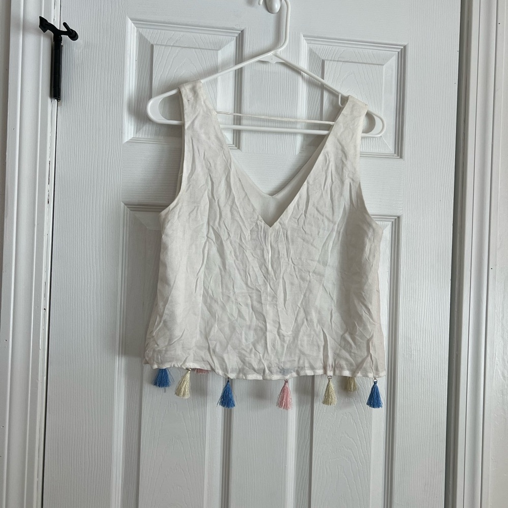 White Sleeveless Top with Tassels